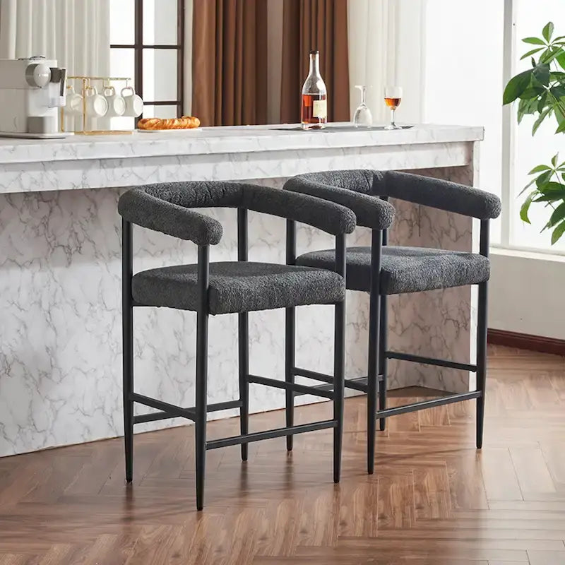 Modern Boucle Bar Stools Set of 2,Counter Height with Metal Frame & Armrests for Kitchen Island, Dining Room