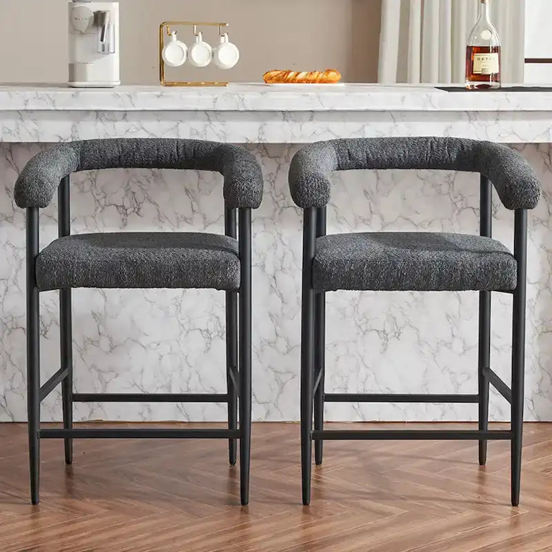 Modern Boucle Bar Stools Set of 2,Counter Height with Metal Frame & Armrests for Kitchen Island, Dining Room