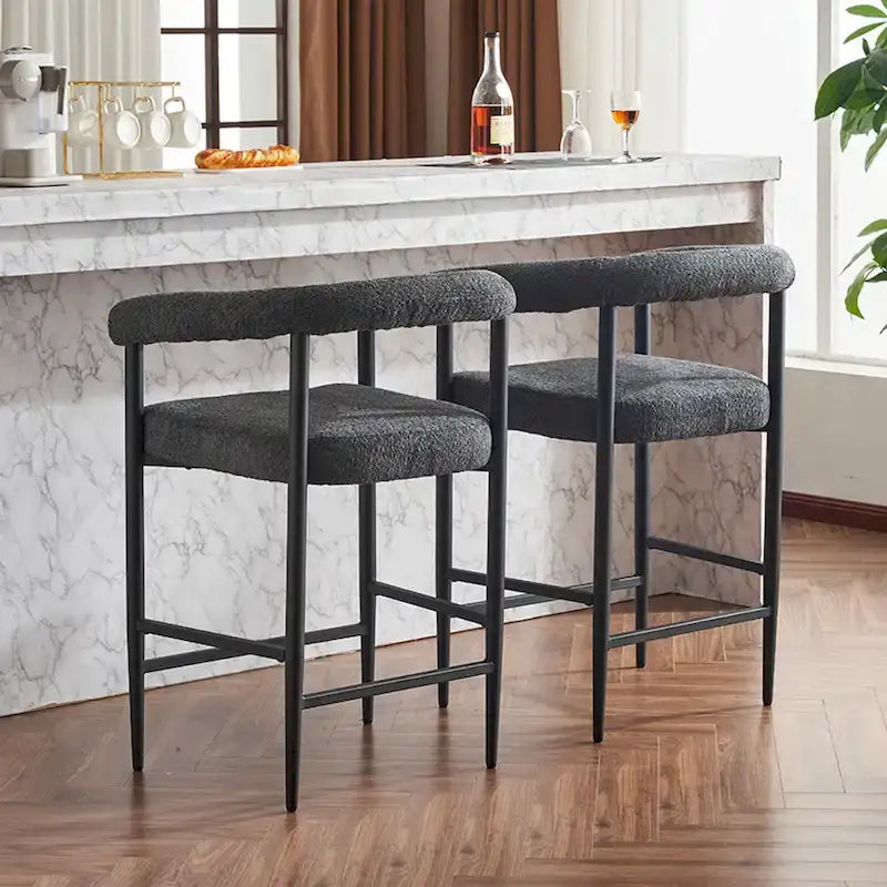Modern Boucle Bar Stools Set of 2,Counter Height with Metal Frame & Armrests for Kitchen Island, Dining Room