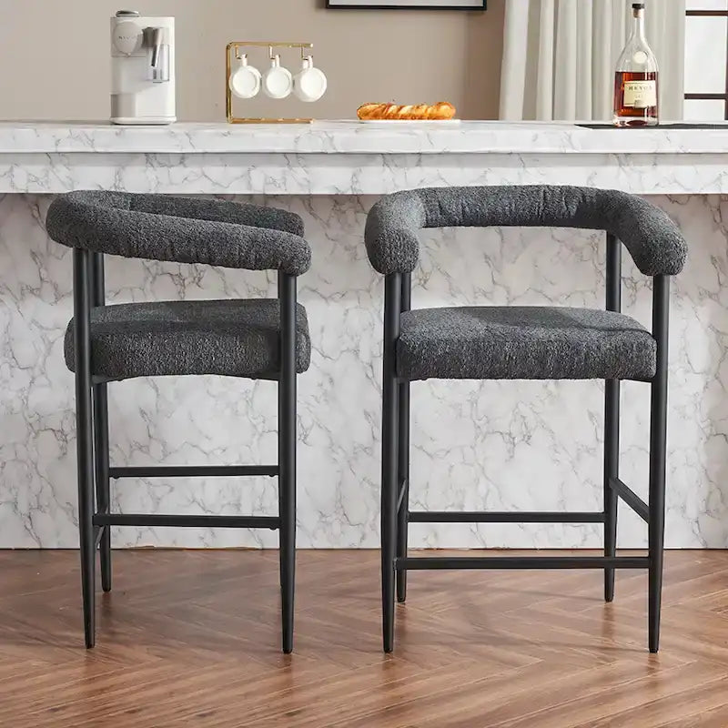 Modern Boucle Bar Stools Set of 2,Counter Height with Metal Frame & Armrests for Kitchen Island, Dining Room