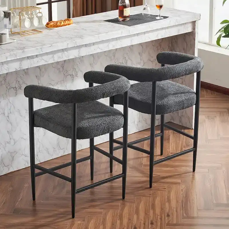 Modern Boucle Bar Stools Set of 2,Counter Height with Metal Frame & Armrests for Kitchen Island, Dining Room