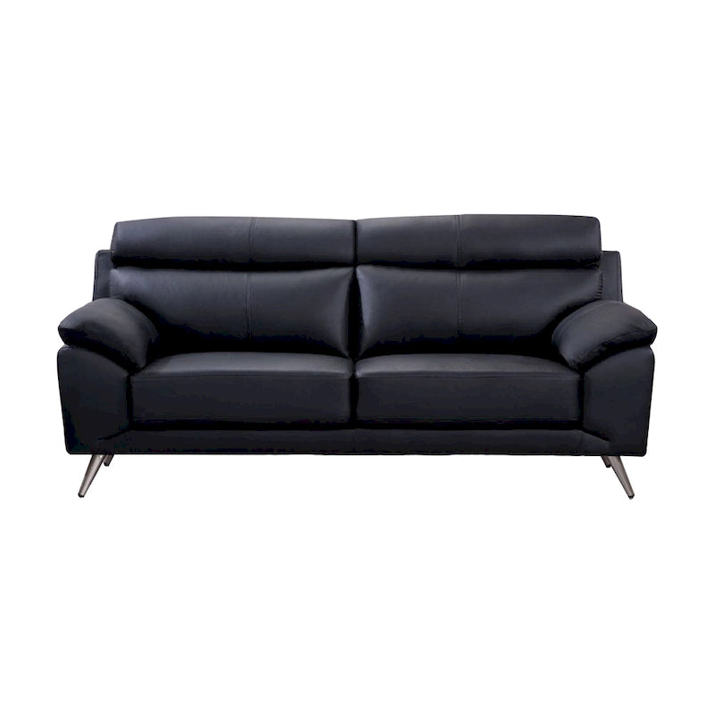  Sofa, Black Top Grain Leather, Foam Cushions, Steel Legs, 80 Inch