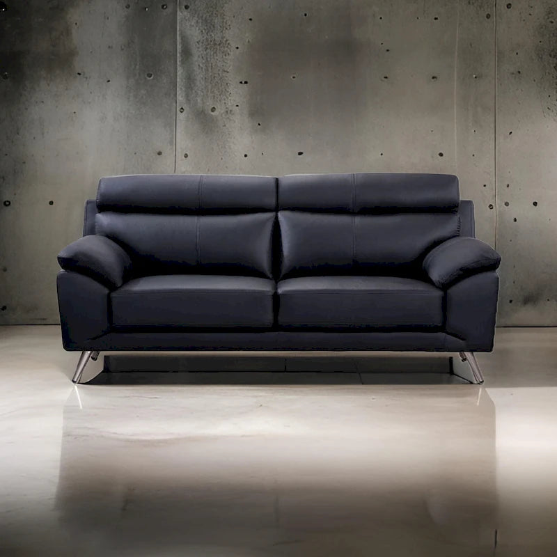 Sofa, Black Top Grain Leather, Foam Cushions, Steel Legs, 80 Inch