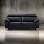 Sofa, Black Top Grain Leather, Foam Cushions, Steel Legs, 80 Inch