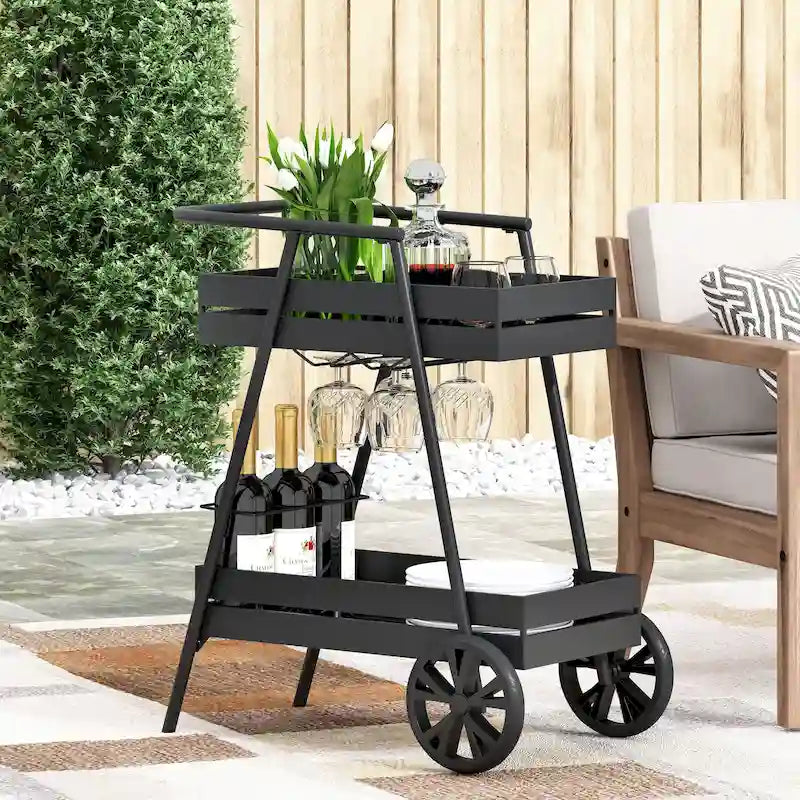 Modern Industrial Bar Cart with Iron Frame, Wheelbarrow-Inspired Design, Wine Bottle Holders and Mobile Rolling Wheels