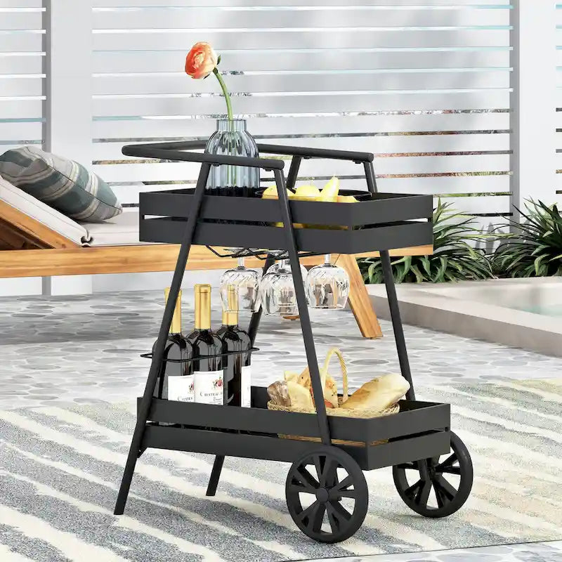 Modern Industrial Bar Cart with Iron Frame, Wheelbarrow-Inspired Design, Wine Bottle Holders and Mobile Rolling Wheels