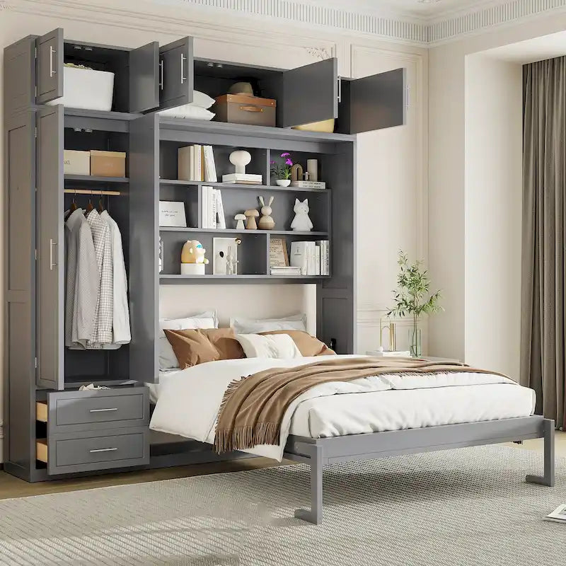 Versatile Queen Size Murphy Bed with Integrated Storage and Foldable Design for Space Optimization