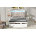 Wood Queen Size Platform Bed with Upholstered Headboard and LED and 2 Drawers, Antique White