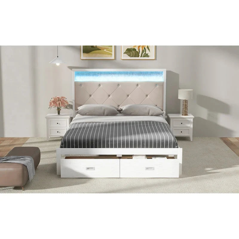 Wood Queen Size Platform Bed with Upholstered Headboard and LED and 2 Drawers, Antique White