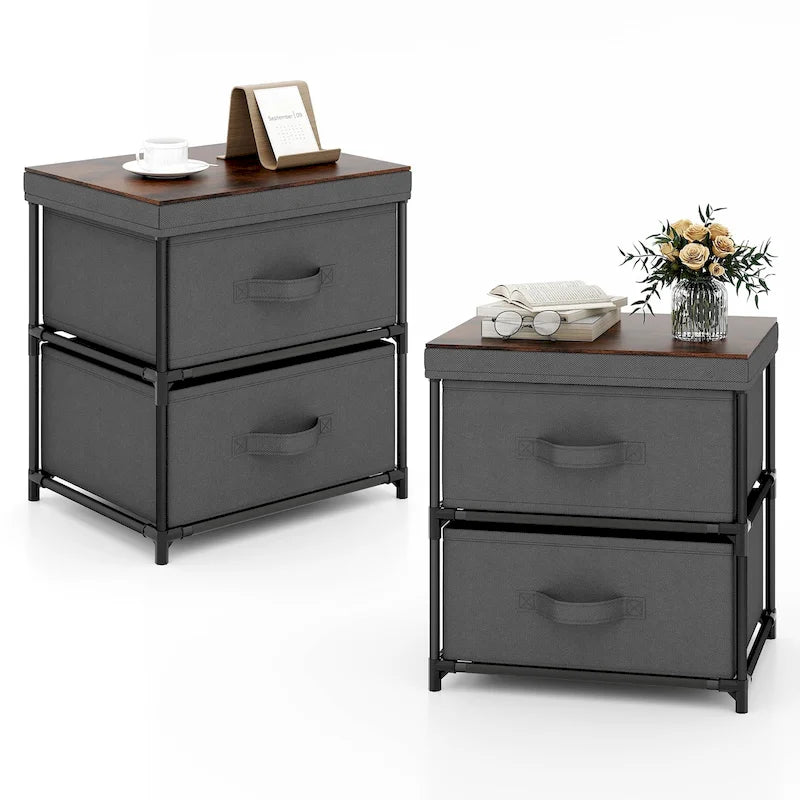 Gymax 2PCS 2 Drawer Dresser Fabric Storage Organizer Nightstand