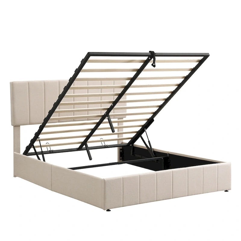 Queen Size Linen Platform Bed - Hydraulic Lift Platform with Hidden Compartment, Solid Pine Wood Frame