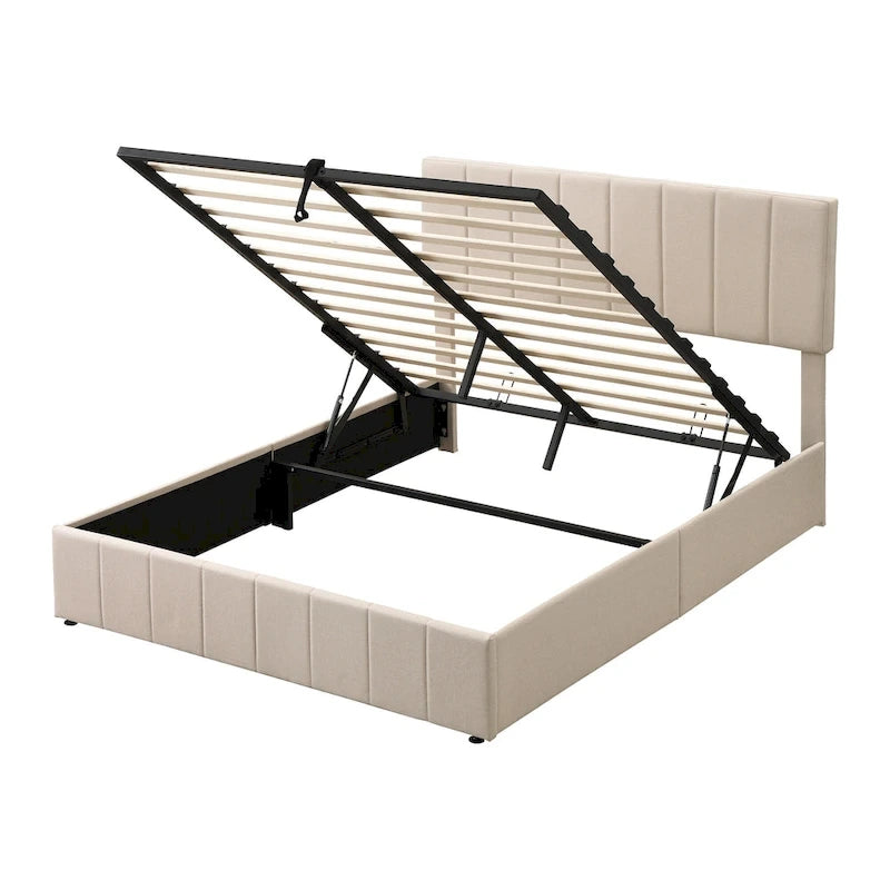 Queen Size Linen Platform Bed - Hydraulic Lift Platform with Hidden Compartment, Solid Pine Wood Frame