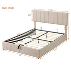Queen Size Linen Platform Bed - Hydraulic Lift Platform with Hidden Compartment, Solid Pine Wood Frame