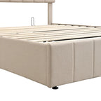 Queen Size Linen Platform Bed - Hydraulic Lift Platform with Hidden Compartment, Solid Pine Wood Frame
