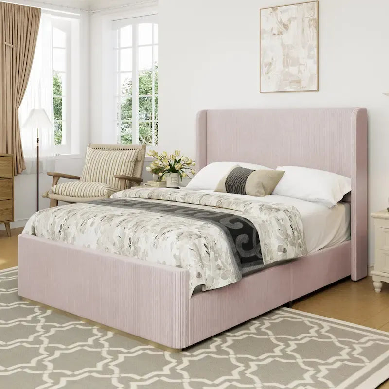 King Size Corduroy Upholstered Bed with 47 Wingback Headboard & Metal/Wood Frame (No Box Spring Needed)