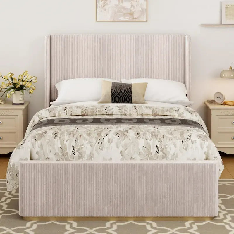 King Size Corduroy Upholstered Bed with 47 Wingback Headboard & Metal/Wood Frame (No Box Spring Needed)