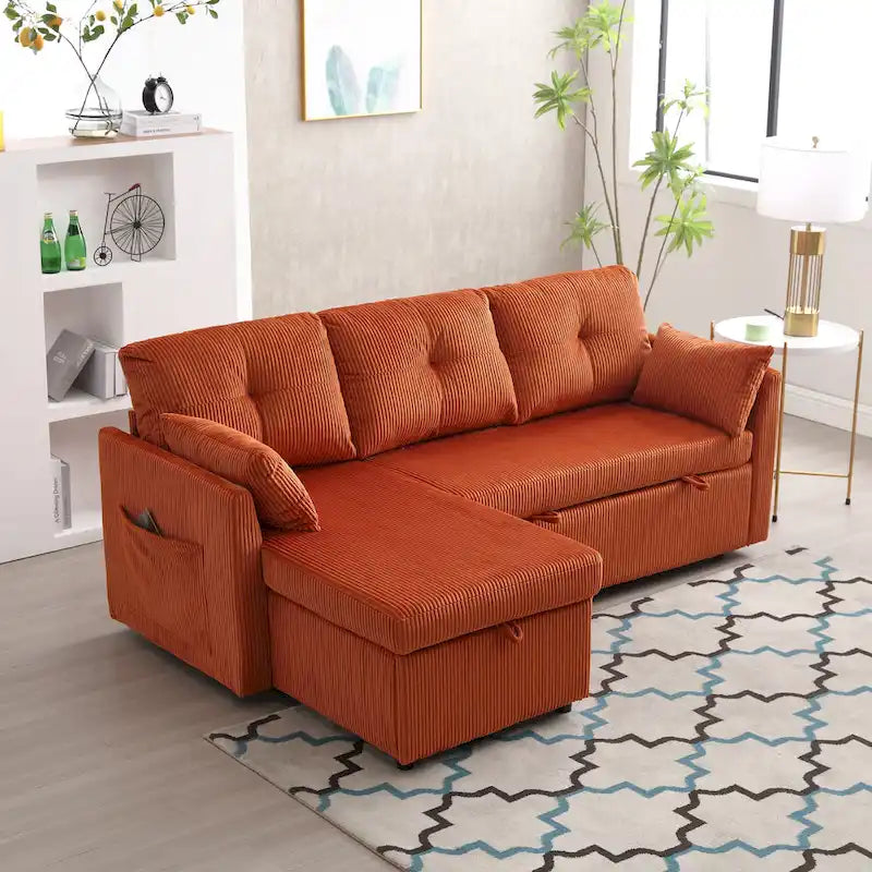 Orange 81.1 L-Shaped Fabric Sofa: Reversible Chaise, Storage, Solid Wood Frame, and Foam Seating