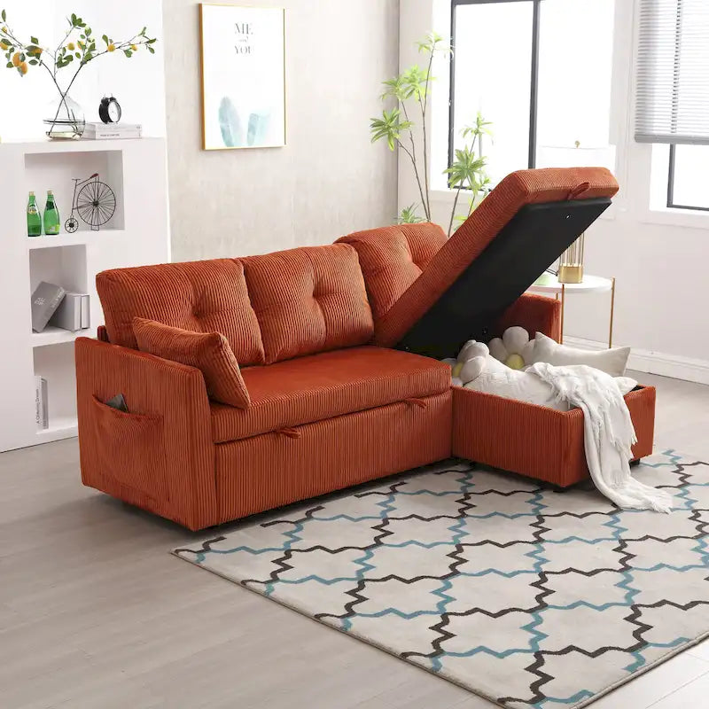 Orange 81.1 L-Shaped Fabric Sofa: Reversible Chaise, Storage, Solid Wood Frame, and Foam Seating