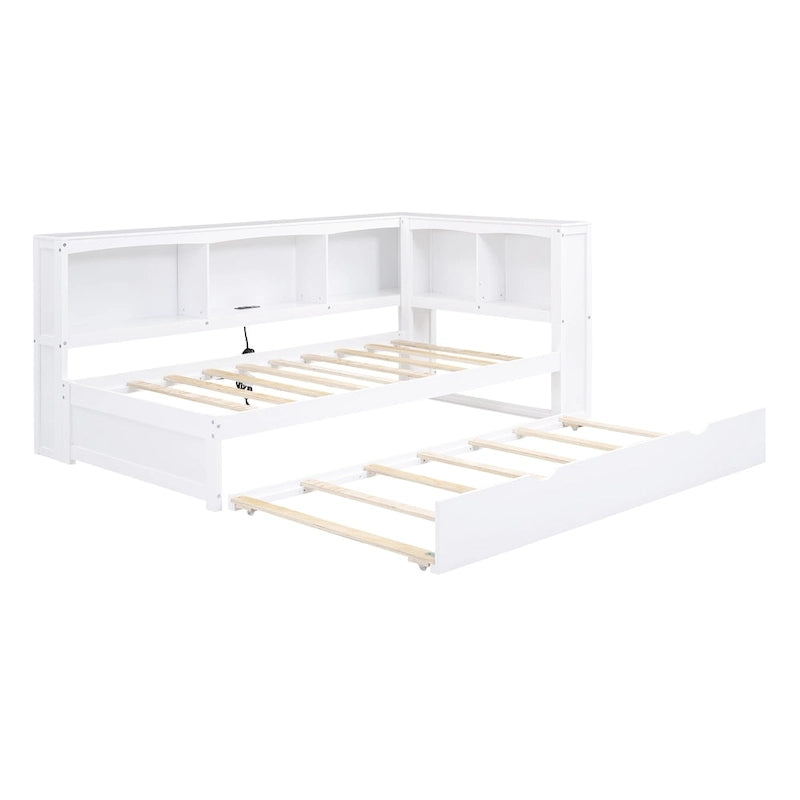 Twin Wooden Daybed with Trundle, Cabinets, and Charging Stations