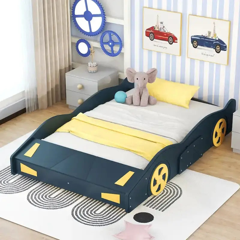 Full Pine Race Car Bed with Wheels & Storage