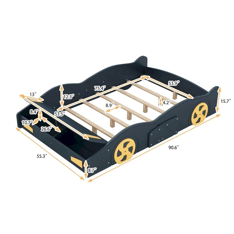 Full Pine Race Car Bed with Wheels & Storage