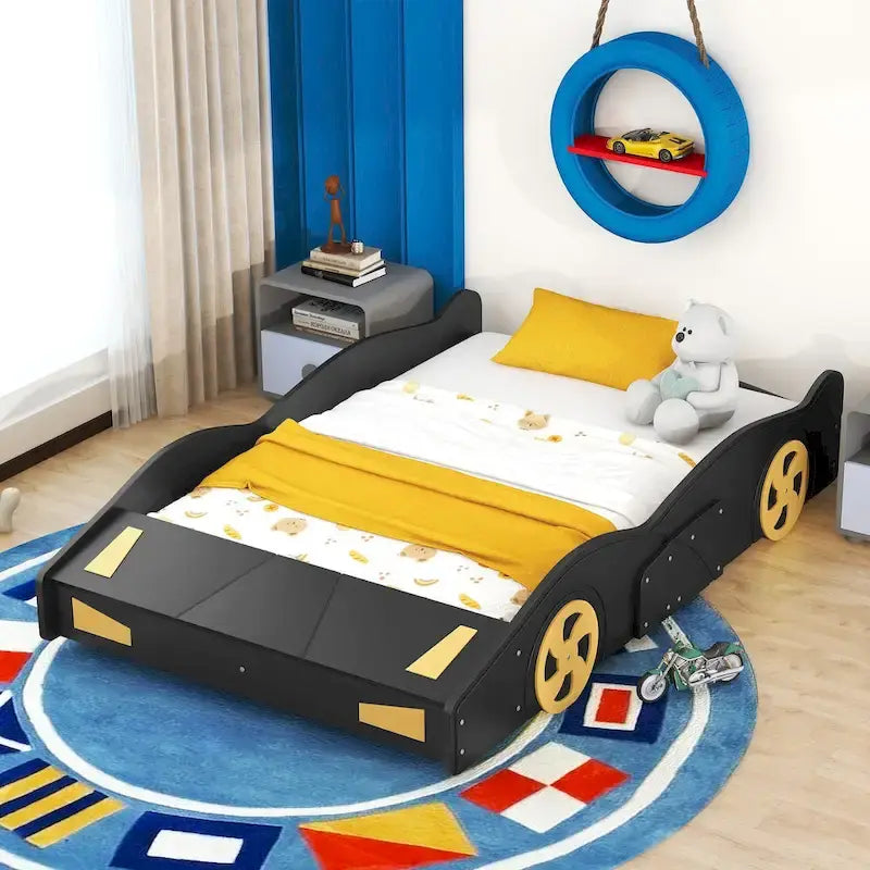 Full Pine Race Car Bed with Wheels & Storage