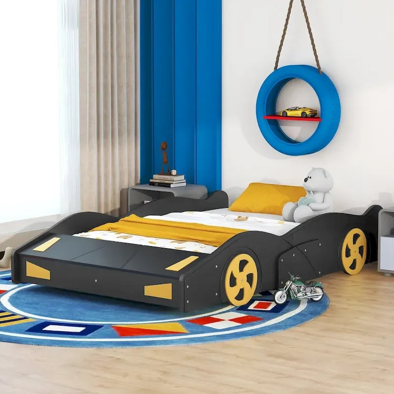 Full Pine Race Car Bed with Wheels & Storage
