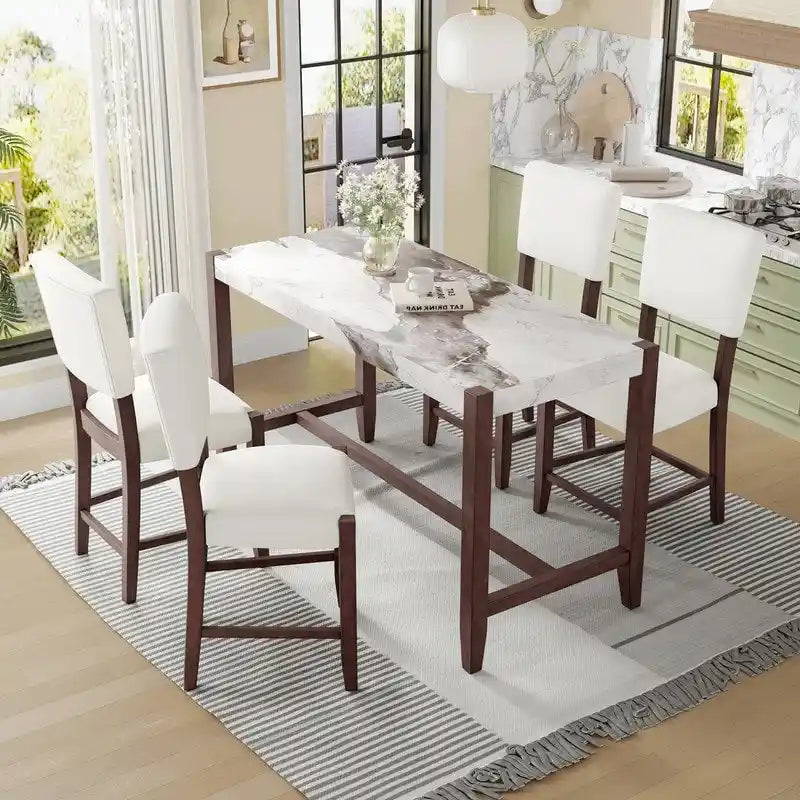 Modern 5-Piece Counter Height Dining Table Set, Faux Marble Bar Table and 4 Upholstered-Seat Chairs
