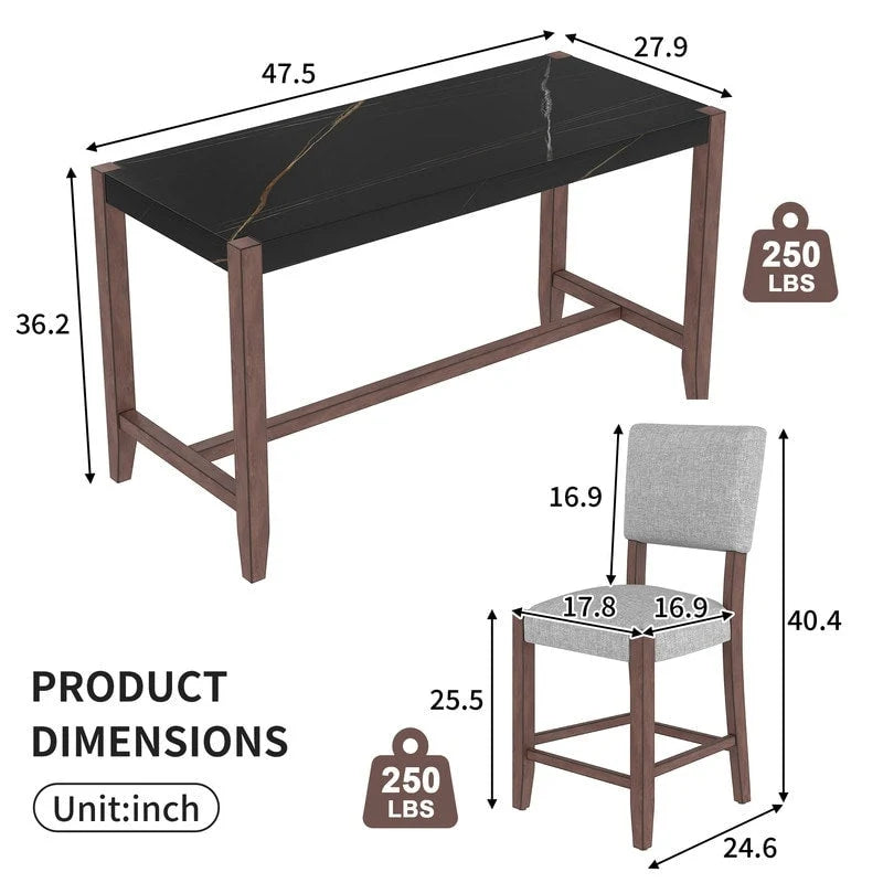 Modern 5-Piece Counter Height Dining Table Set, Faux Marble Bar Table and 4 Upholstered-Seat Chairs