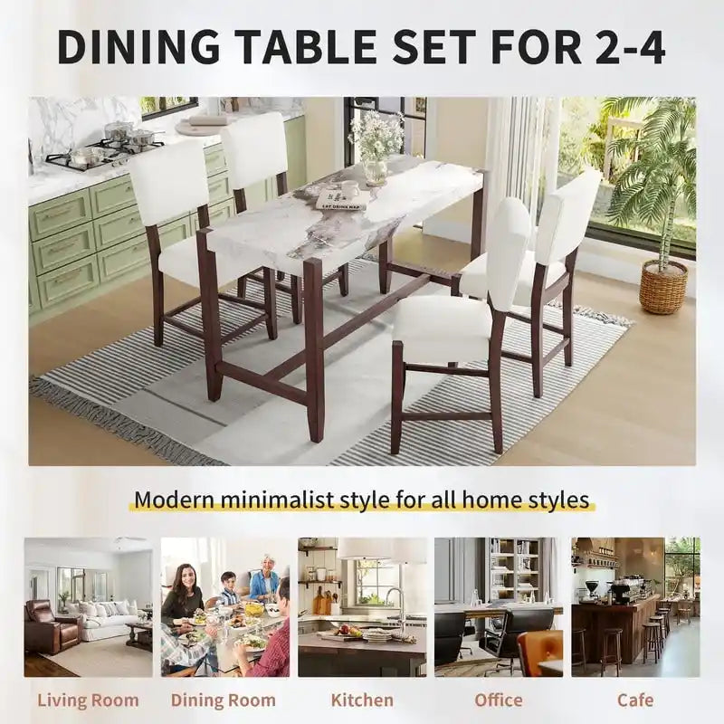 Modern 5-Piece Counter Height Dining Table Set, Faux Marble Bar Table and 4 Upholstered-Seat Chairs