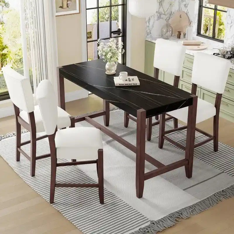 Modern 5-Piece Counter Height Dining Table Set, Faux Marble Bar Table and 4 Upholstered-Seat Chairs