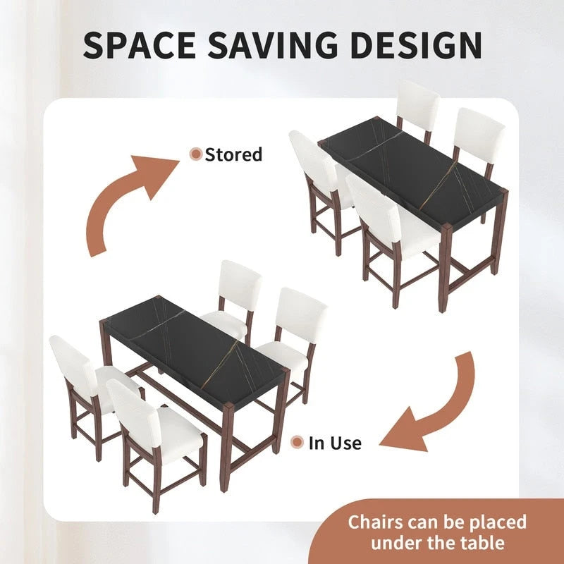 Modern 5-Piece Counter Height Dining Table Set, Faux Marble Bar Table and 4 Upholstered-Seat Chairs
