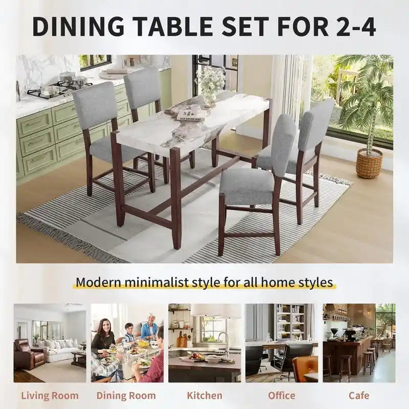 Modern 5-Piece Counter Height Dining Table Set, Faux Marble Bar Table and 4 Upholstered-Seat Chairs