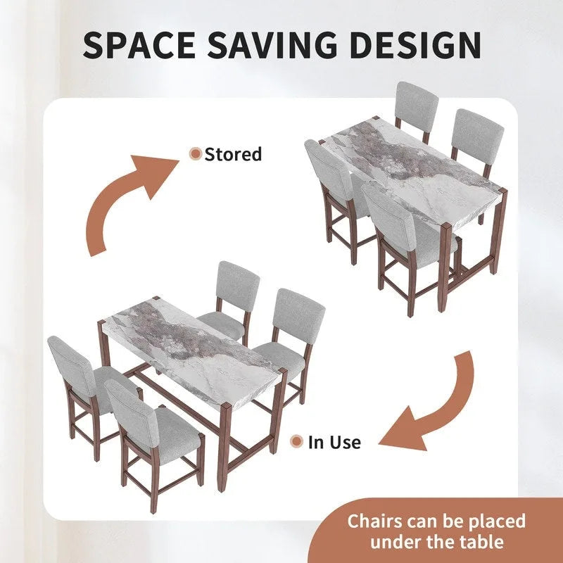 Modern 5-Piece Counter Height Dining Table Set, Faux Marble Bar Table and 4 Upholstered-Seat Chairs