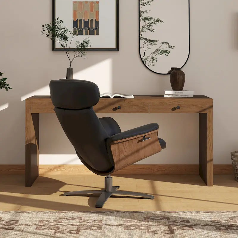 Jovan 31.5 Curved Wood Genuine Leather Recliner Lounge Chair