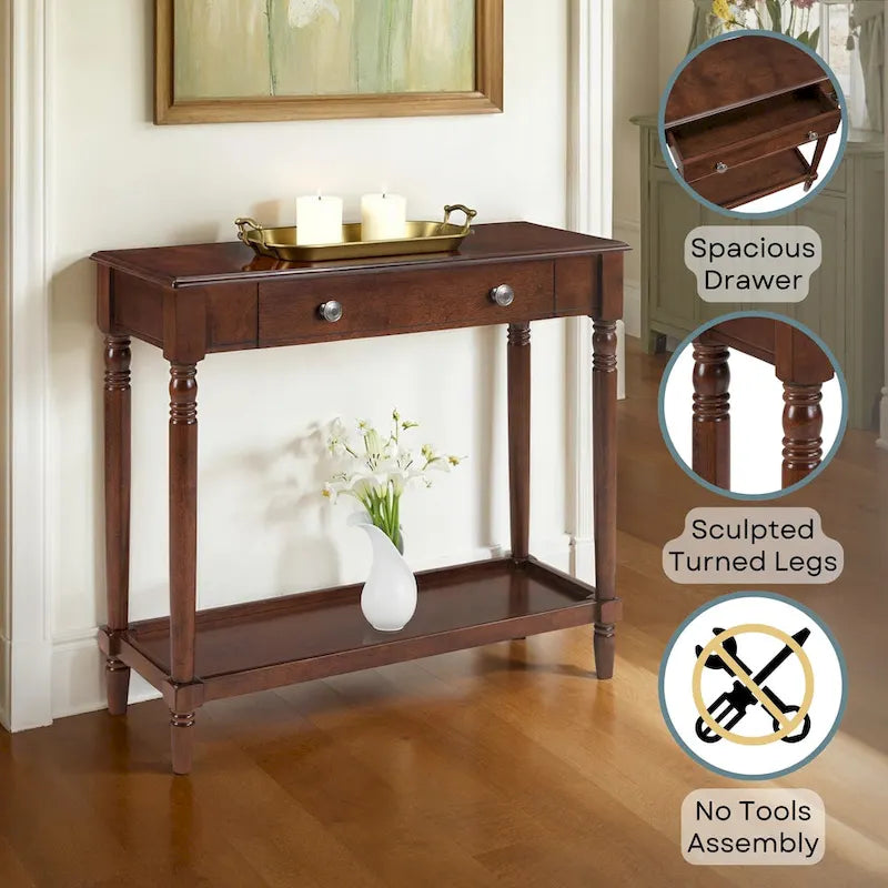 Convenience Concepts French Country Manor No Tools 1 Drawer Hall Entryway Table with Shelf