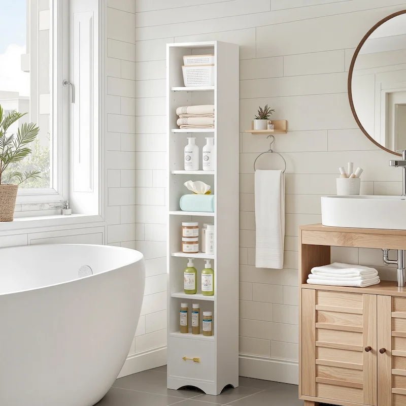 VECELO 70.9 Inches Tall Bathroom Narrow Linen Cabinet, 8 Tiers Solid Wood Freestanding Storage Cabinet