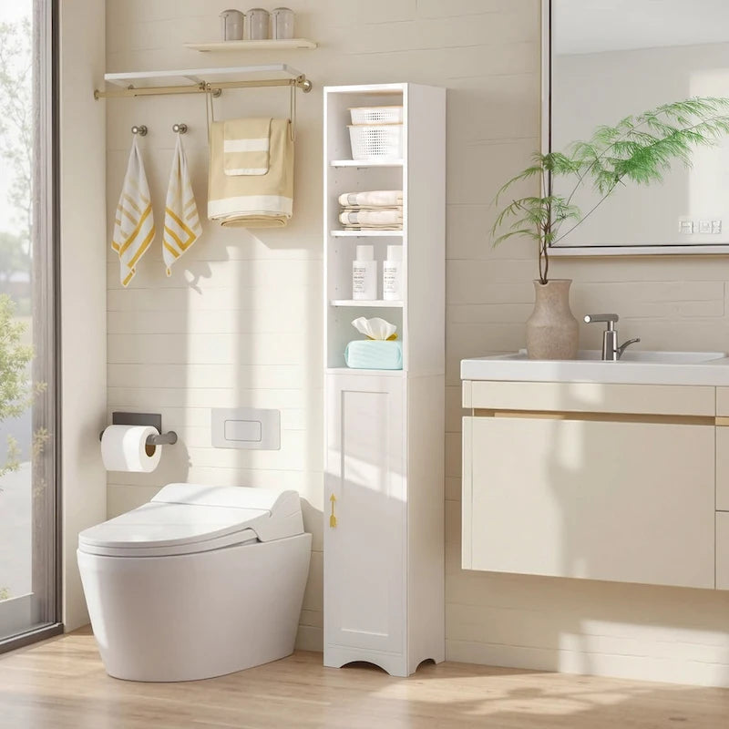 VECELO 70.9 Inches Tall Bathroom Narrow Linen Cabinet, 8 Tiers Solid Wood Freestanding Storage Cabinet