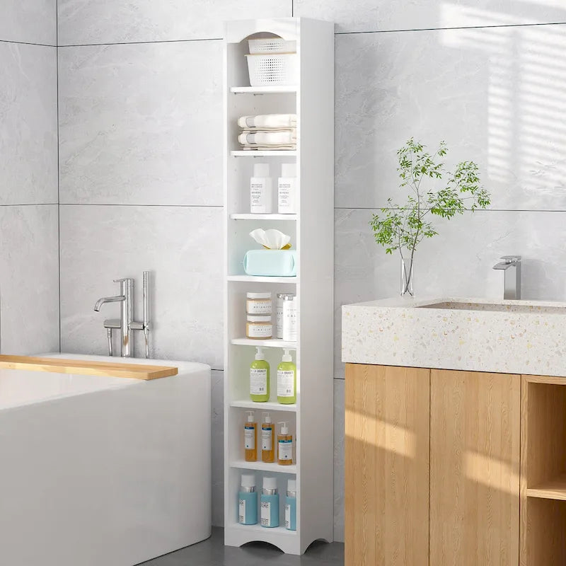 VECELO 70.9 Inches Tall Bathroom Narrow Linen Cabinet, 8 Tiers Solid Wood Freestanding Storage Cabinet