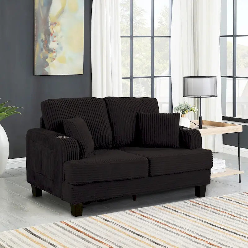 61 Contemporary Corduroy Loveseat Sofa with 2 Pillows and Cup Holder