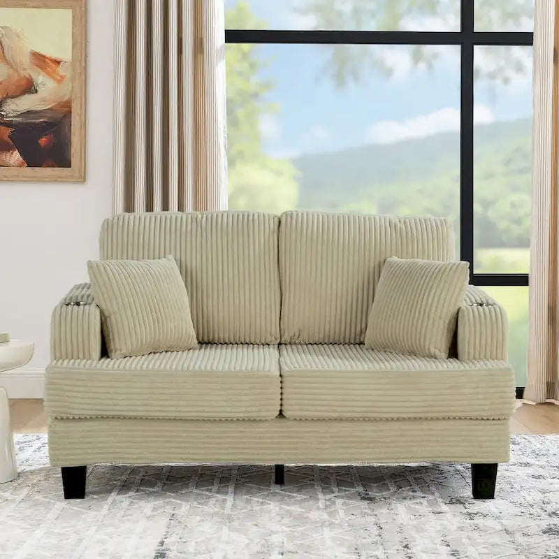 61 Contemporary Corduroy Loveseat Sofa with 2 Pillows and Cup Holder