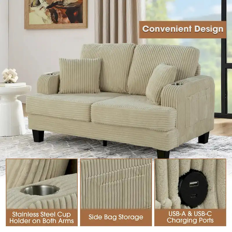61 Contemporary Corduroy Loveseat Sofa with 2 Pillows and Cup Holder