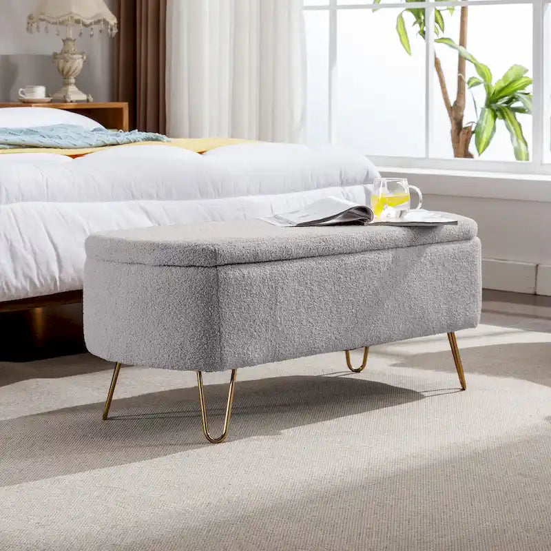 Faux Fur Entryway Bench Padded with Storage