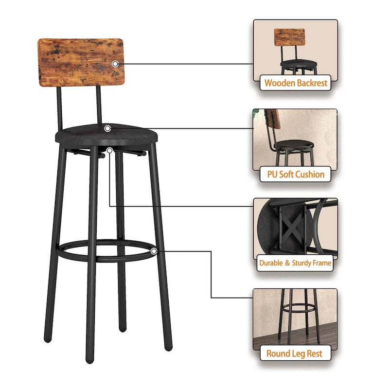 3-Piece Bistro Set, Dining Table and Upholstered Stools w/ Backrest