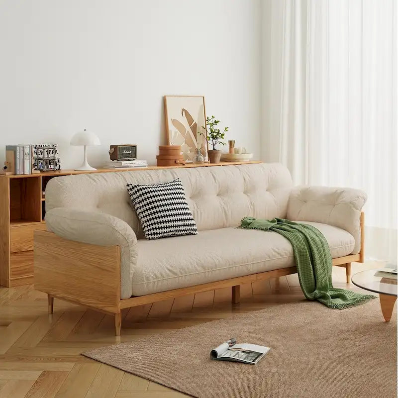 JASIWAY Modern 3-Seat Upholstered Cotton Linen Sofa,Beige