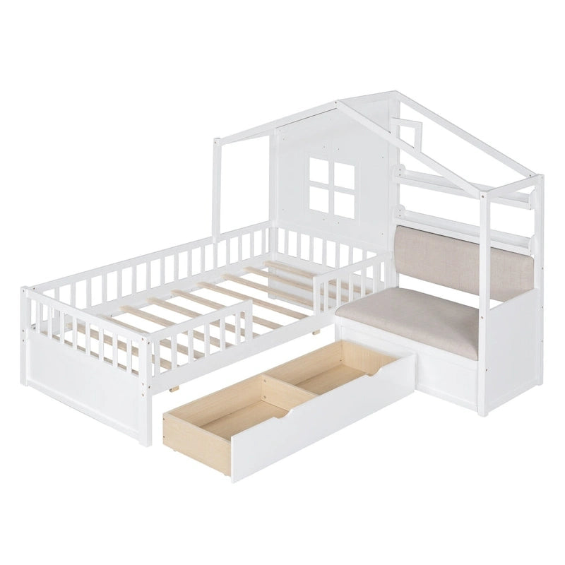 Twin Size House Bed with Sofa, Kids Platform Bed with Two Drawers and Storage Shelf, Gray