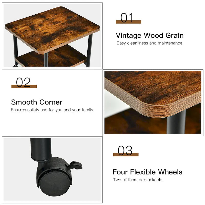 2 Tier Rolling Printer Cart Storage Stand Under Desk with Casters