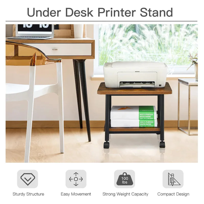 2 Tier Rolling Printer Cart Storage Stand Under Desk with Casters