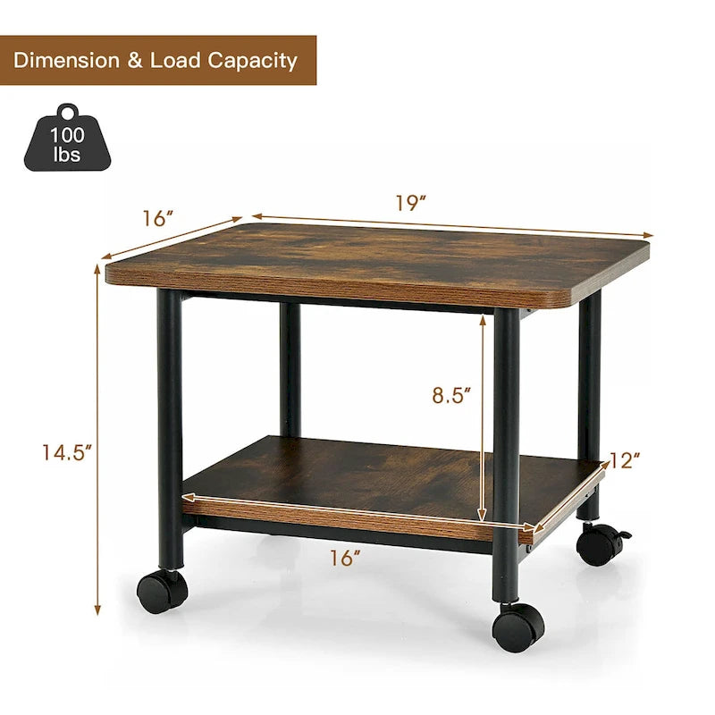2 Tier Rolling Printer Cart Storage Stand Under Desk with Casters