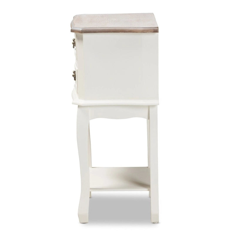  Amalie Antique French Country Cottage Two-Tone White and Oak Finished 2-Drawer Wood End Table